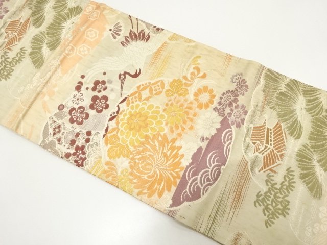 JAPANESE KIMONO / ANTIQUE MARU OBI / WOVEN- CRANE / CHRYSANTHEMUM / PL